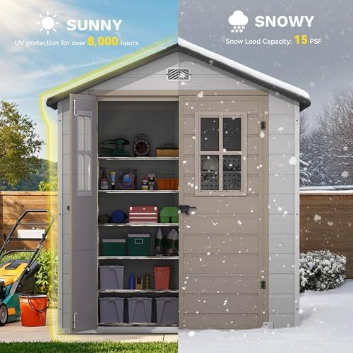 DWVO 6x4.4 FT Outdoor Storage Shed, Plastic Garden Tool Shed with 2 Windows, Double-Wall Outside Shed for Lawn Mower, Garden Shed for Backyard Patio, Lockable, Greige&Gray - Image 2