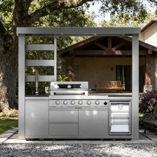 97 Inch Outdoor Kitchen Island with Shed, 72000 BTU 4-Burner Stainless Steel Propane Gas Grill, Wine Cooler Refrigerator, Galvanized Steel Roof, Black Granite Countertop, Silver by Dvasovio