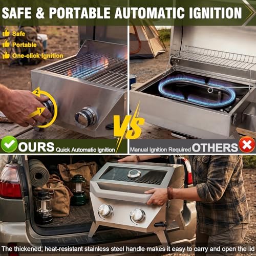 BESTFIRE 2-in-1 Portable Propane Grill, 20,000 BTU 2-Burner Tabletop Gas Grill for Camping & RV, Stainless Steel BBQ with Viewing Glass Lid, Thermometer & Dual-Gas Connection - Image 5