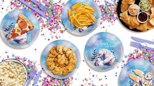 Birthday Galore Our Little Polar Bear is On The Way Baby Shower - 32 Piece Disposable Party Supplies - Winter Baby Shower Decorations - Round Party Plates - Large 9" Paper Plates In Bulk - Image 2