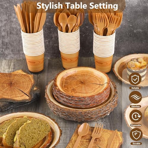 Kochorie 350 PCS Camping Wood Grain Slice Tableware Set Rustic Camping Plates Napkins Cups Cutlery Hunting Birthday Party Decorations Lumberjack Dinner Camping Party Decorations Serve 50 Guests - Image 4