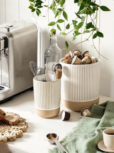 LE TAUCI Ceramic Kitchen Utensil Holder- 6.9" Large Cooking Utensil Crock & Organizer for Spatula, Spoon, Whisk - Farmhouse Countertop Storage, Cream Beige, Line - Image 6