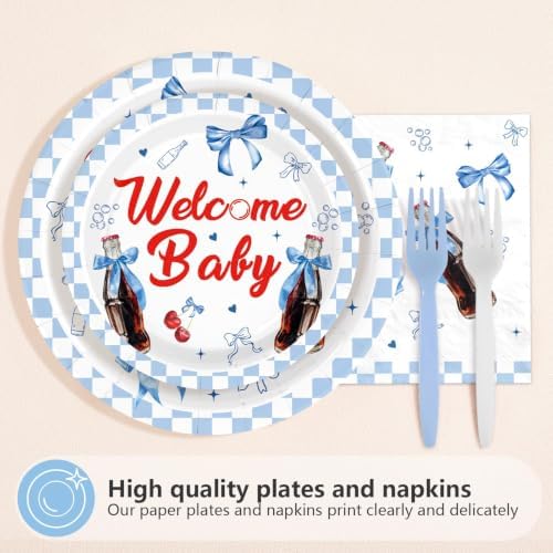 96Pcs She's Ready to Pop Baby Shower Party Decorations Soda Pop Drink Plates and Napkins Blue White Bow Plaid Disposable Paper Tableware Set for Girls Boys Baby Shower Party Supplies Serves 24 - Image 3