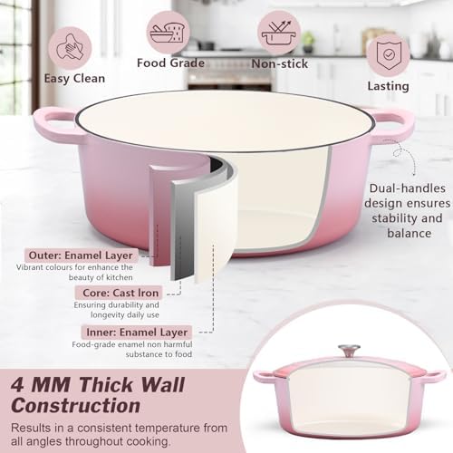 P&P CHEF Oval Dutch Oven with Lid, Enameled Cast Dutch Oven Pot for Bread Baking, Braising, Stewing, Roasting, Non-Stick & Oven Safe, Dual Handles & Easy Clean, 7QT & Pink, Valentine's Day - Image 5