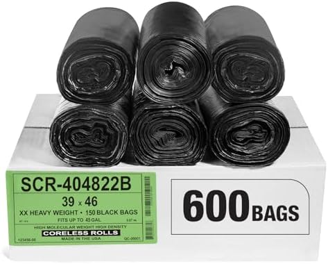 Aluf Plastics 45 Gallon 22 Micron (eq) Black Trash Bags - 39" x 46" For Home, Office, & Bathroom (Pack of 600) by AlufPlastics