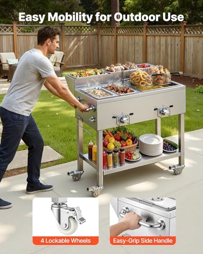 VEVOR Outdoor Propane Deep Fryer, 2 Burners (11,600 BTU Each), Commercial Fryer with Two 1/3 Size Food Warming Pans, Multi-Purpose Frying Cart with 4 Lockable Wheels, for Fried Chicken & Fries - Image 5