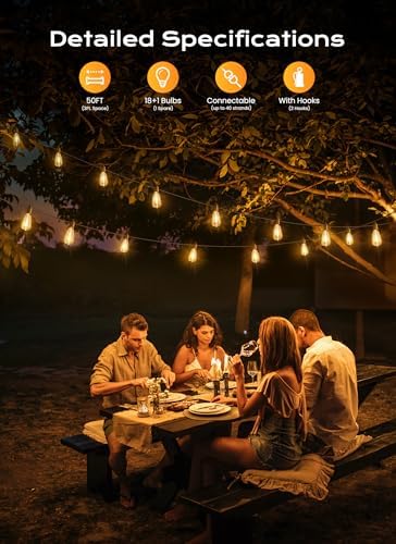 Brightown Outdoor String Lights, 50FT 18+1 LED ST38 LED Patio Lights Shatterproof, Dimmable IP65 Waterproof Connectable Hanging Outdoor Light for Backyard, Porch, Deck, Balcony - Image 2