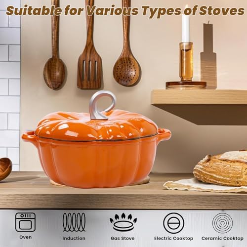 Pumpkin Enamel Cast Iron Dutch Oven 4 QT Cocotte Pot with Lid Dual Handles - Image 6