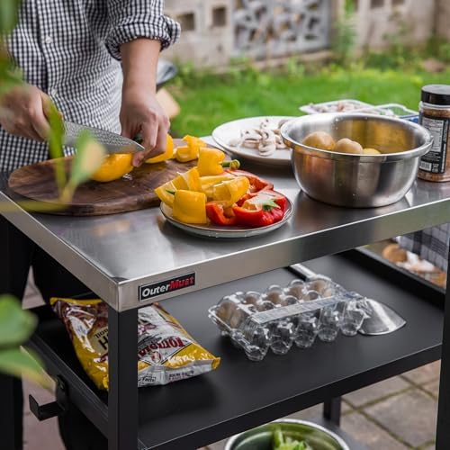 OuterMust Outdoor Grill Table, Triple-Shelf Movable Outdoor Kitchen Island with Wheels and Tank Holders for Pizza Oven, Silver & Black - Image 5