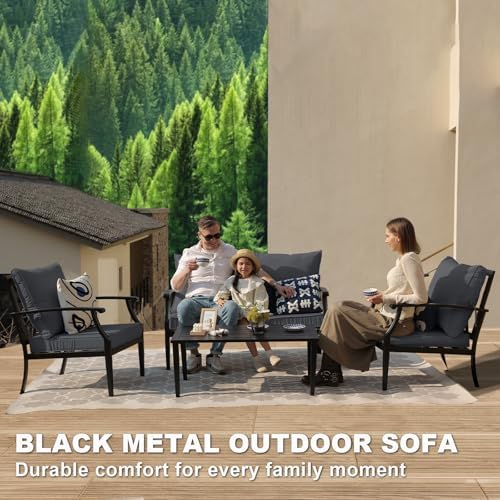 4-Piece Patio Furniture Set, Wider Outdoor Metal Seating Sofa with High Back & Lovsest, Coffee Table, All Weather Conversation for Backyard, Poolside, Deck-Grey - Image 6