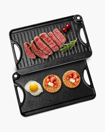 VEVOR Reversible Grill/Griddle, 14x8.5 inch Pre-Seasoned Cast Iron Griddle, Portable Rectangular Pan with Handle, Family Cookware for Indoor/Outdoor Stove Top Burner, Gas, Camping BBQ, Black by VEVOR