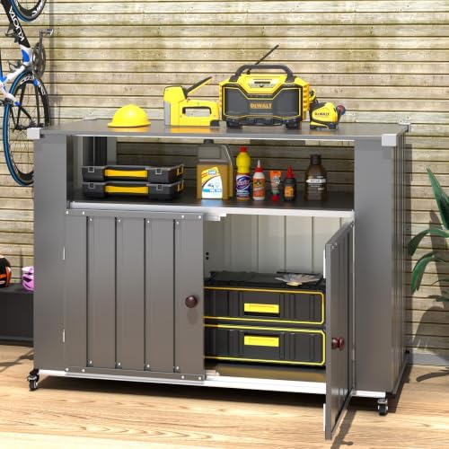 Outdoor Bar Table with Storage Cabinet Weatherproof w/Lockable Wheels - Image 7