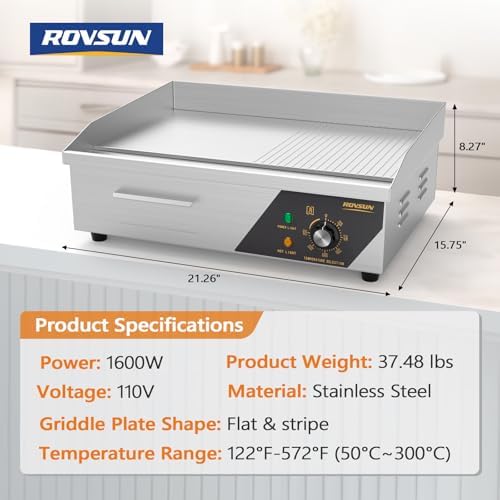 ROVSUN 22" Electric Griddle, Electric Countertop Half Flat Top Griddle, 1600W Grill Stainless Steel with Adjustable Temperature Control 122°F-572°F for Commercial Home Restaurant, Plug - Image 7