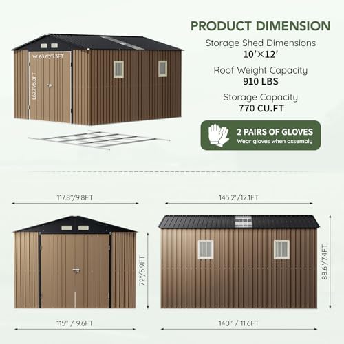 Upgrade 10x12 FT Outdoor Metal Storage Shed with Floor Frame, Double Swing Doors, 2 Clear Windows, Replaceable Skylight Roof Panel, Tool Shed for Garden, Patio, Backyard Brown - Image 2