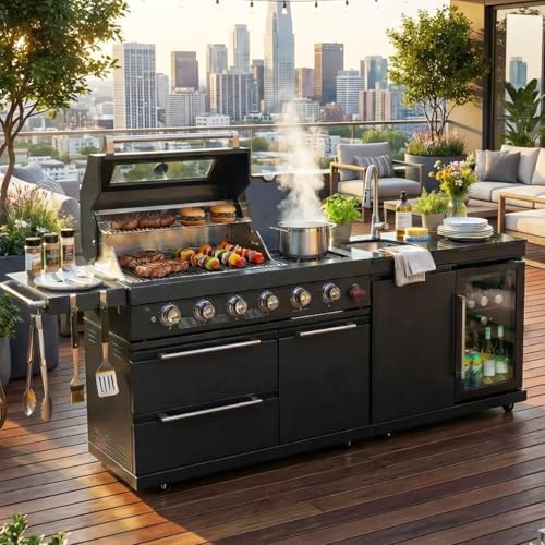 5-Burner Stainless Steel Grill with Rotisserie Oven,Mini Wine Fridge,Side Burner,Sink.Included Natural Gas converter.Black by INOTEVERITORY