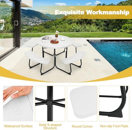 Tangkula 8 Person Round Picnic Table with 4 Built-in Benches, White - Image 6