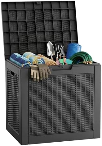 PatioZen 37 Gallon Deck Box,Waterproof Resin Outdoor Storage Boxes, Outside Storage Lockable Container for Garden Tools,Indooor Cushions,Accessories (Black) by OutdoorLivingPerfected