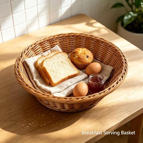 RT&BS Round Wicker Bread Basket, Round Wicker Fruit Basket, Woven Egg Baskets, Reusable Handwoven Storage Baskets for Living Room, Kitchen, Store, Restaurant, Outdoor, Party (Brown, S) - Image 2