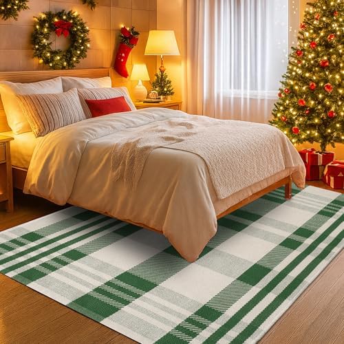 Christmas Green & White Check Rug - 4' x 6' Outdoor Front Door Decor Mat Cotton Washable Hand-Woven Rug Christmas New Year Holiday Porch Entryway Layered Doormat - Image 5