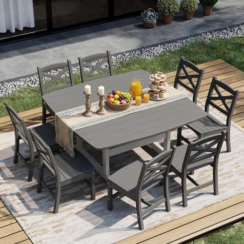 All Weather Patio Dining Table Set for 8, HDPE Heavy Duty Outdoor Rectangular Table & 8 Chairs, 9PCS Outdoor Furniture Set for Patio Garden Lawn, White and Grey by Polyhouz