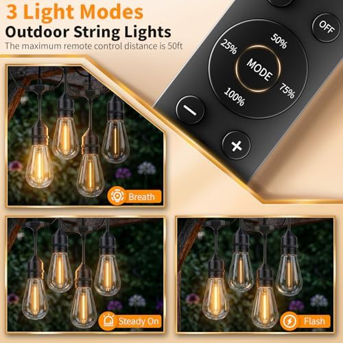 Hotsonic Remote Control Outdoor String Lights Waterproof, 100FT LED Outside Lights with Shatterproof Bulbs, Dimmable Hanging S14 Lights 3 Modes for Patio Porch Garden Pergola Yard House Party Decors - Image 5