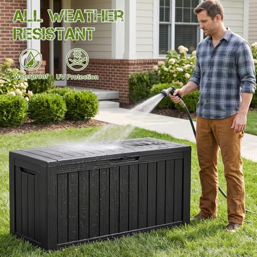 ROJIK 160 Gallon Outdoor Storage Box Waterproof,Weatherproof Deck Boxes Outdoor Lockable,Resin Outside Storage Box for Garden Tools, Accessories,Cushions(Black) - Image 3