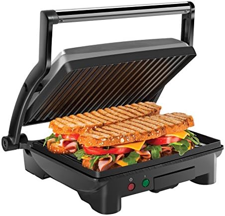 Chefman Panini Press Grill and Gourmet Sandwich Maker Non-Stick Coated Plates, Opens 180 Degrees to Fit Any Type or Size of Food, Stainless Steel Surface and Removable Drip Tray, 4 Slice, Black by Chefman