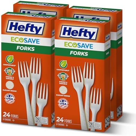 Hefty ECOSAVE Compostable Forks, 4 Pack, Disposable Forks for BBQs, Tailgates, Camping, Parties, and More, Strong and Durable Construction, Sustainable Design, 24 Forks per Pack, 96 Forks Total by Hefty