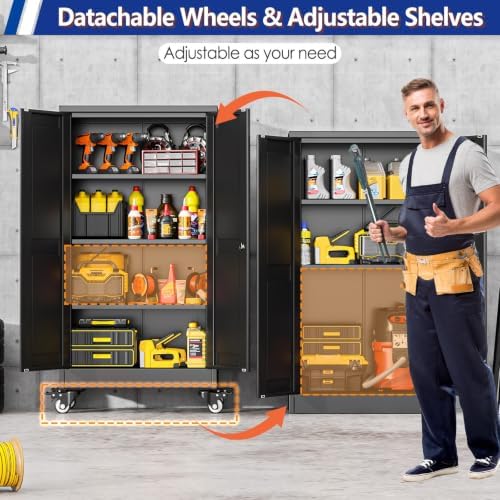 GAIOUS Metal Garage Storage Cabinet with Lock and Wheels, 45.7" Tall Metal Storage Cabinets with Locked Door and 3 Adjustable Shelves, Rolling Tool Cabinet, Utility File Cabinet for Home Office, Black - Image 4