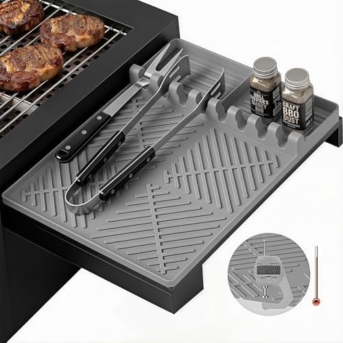 Silicone Grill Mat for Blackstone Griddle, 16x11.5 Extra-Thick Non-Slip Spatula Holder Mat with Grease Drip Pad, Heat Resistant BBQ Utensil Organizer for Side Shelf, Ideal Gifts for Men (Gray) by CraftedtoPerfection
