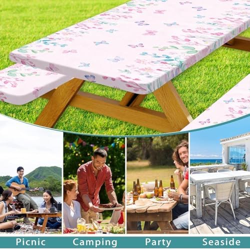 Butterfly Picnic Table Cover with Bench Covers, Camping Essentials, Flower Leaf Plant Waterproof Windproof Table Cover, Fitted Tablecloth Cover with Elastic Edge, for Indoor & Outdoor 3 PCS 30x96 Inch - Image 3
