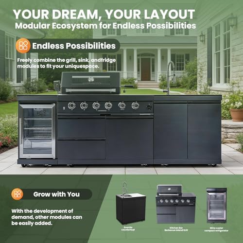 98" Rolling Outdoor Kitchen Island with Built-In 4 Burner 72,000 BTU Stainless Steel Gas Grill Featuring Rotisserie Oven,Granite Countertops,Beverage Fridge,Sink. (Black + Fridge + Sink, Natural Gas) - Image 3