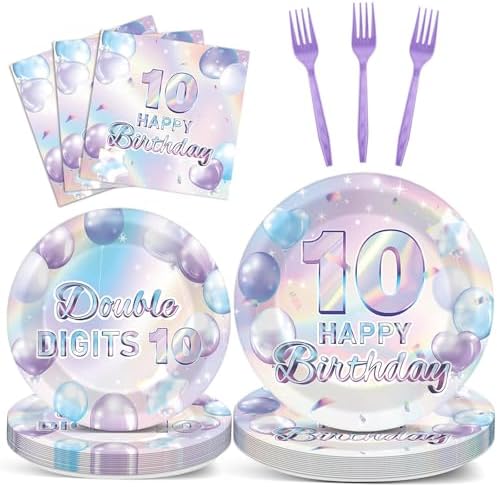 96PCS 10th Birthday Supplies Paper Plates Napkins Forks Set by Oitnlaughter