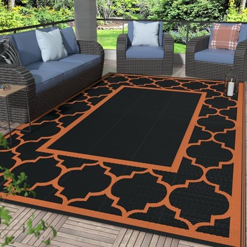 GENIMO Outdoor Rug, Waterproof Plastic Rugs for Patio, 6'x9' Black Orange by GENIMO