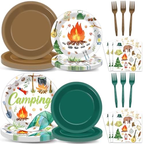 96 Pcs Camping Birthday Party Decorations Camping Plates and Napkins Camper Paper Plates Camp Adventure Disposable Tableware for Boys Girls Campfire Birthday Party Decoration Serve 24 Supplies Camper by Oitnlaughter