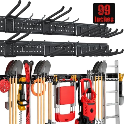 Garage Tool Organizer Wall Mount 99 inches with 18 Adjustable Heavy-Duty Hooks, Garage Organization, Garden Tool Storage Rack, Yard, and Shed, Holds Up to 750 lbs by ZICANYCO