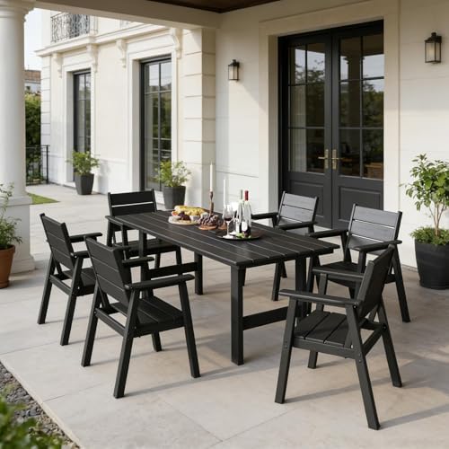 HDPE Outdoor Dining Table and Chairs, 7-Piece Patio Table and Chairs Set, Outdoor Dining Set for 6, All-Weather Dining Furniture Set with Umbrella Hole, Black - Image 3