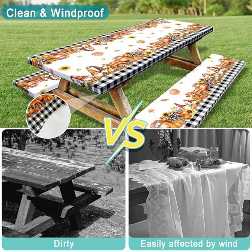 Fall Picnic Table Cover with Bench Covers, Camping Essentials, Buffalo Plaid Thanksgiving Pumpkin Waterproof Windproof, Fitted Tablecloth Cover with Elastic Edge, Indoor & Outdoor, 3 PCS, 30x96 Inch - Image 5