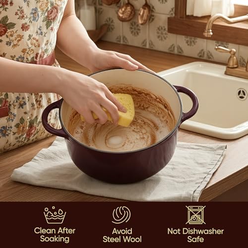 Vintage Style 6 Quart Dutch Oven Pot with Lid, Non Stick Enameled Cast Iron Dutch Oven for Bread Baking, Heavy-Duty, Oven Safe Ceramic Cookware Up to 500°F for Baking, Braising, Stews, Roasting, Fig - Image 6