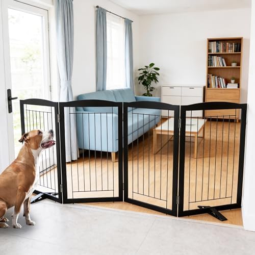 ZJSF Freestanding Dog Fence Indoor, Foldable Dog Gate for Doorways, Stairs or Hallways, Sturdy Wood Extra Wide Pet Gate with Support Feet for The House, Black, 32 "Height-4 Panels by ZJSF