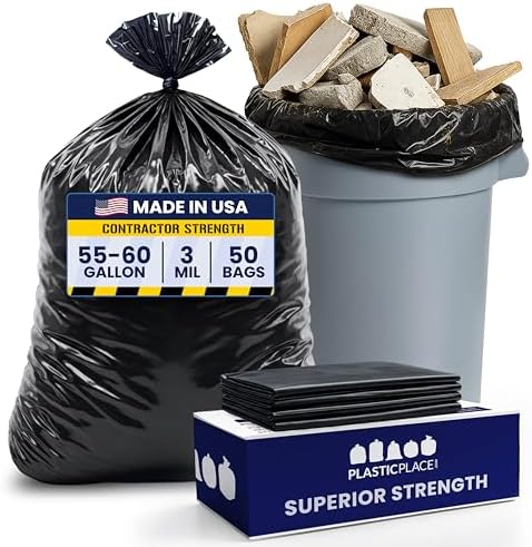 Plasticplace Contractor Trash Bags 55-60 Gallon, 3.0 Mil, Black Heavy Duty Garbage Bag, 38” X 58” (50Count) by Plasticplace
