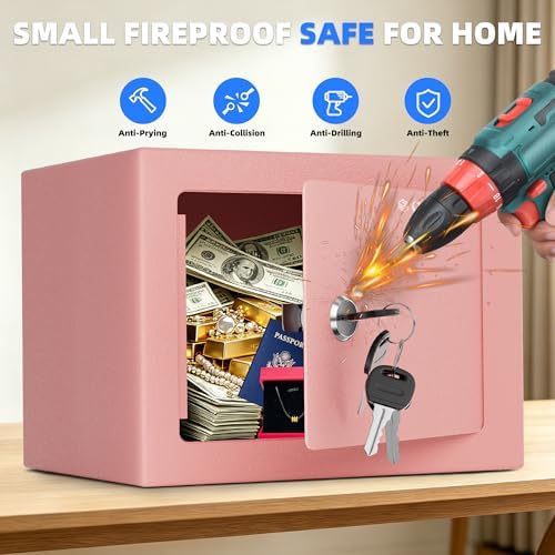 CDC DIGI Safe Box, Steel Security Safe Lock Box with Key Lock, Safe Box for Home, Office, Money, Jewelry, Documents and Valuables, 0.23 Cubic Feet, 9.06" W x 6.69" D x 6.69"H（Pink） - Image 6