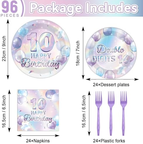 96PCS 10th Birthday Supplies Paper Plates Napkins Forks Set - Image 2