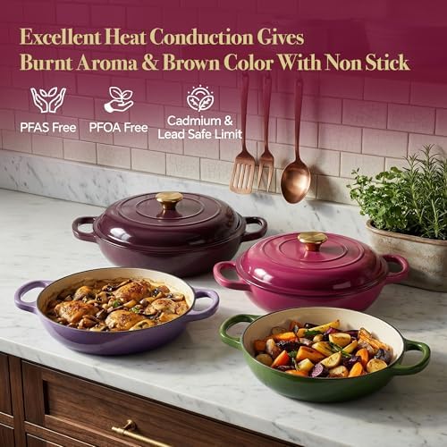 3 Quart Enameled Cast Iron Braiser, Non Stick Enameled Cast Iron Skillet with Lid, Dutch Oven Skillet with lid up to 500°F for Oven, Stove, Grill, Shallow Dutch Oven for Cook, Bake (Rose) - Image 2
