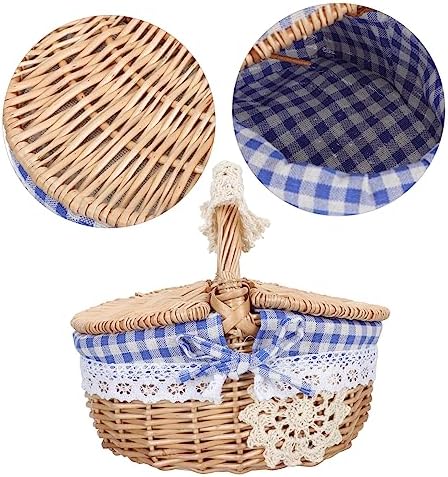 Blue Rattan Picnic Basket with Lid, Woven Storage Hamper for Outdoor - Image 3