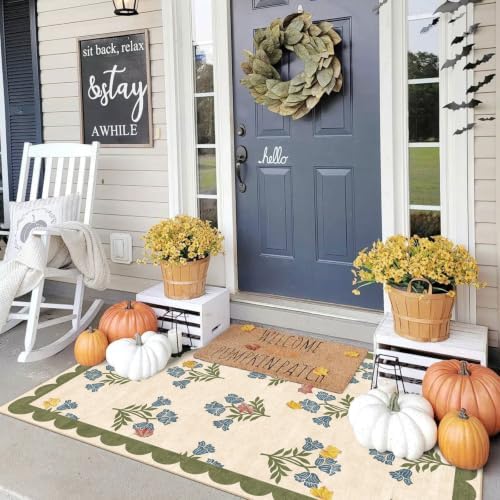3x5 Floral Entry Rug - Small Washable Indoor Outdoor Mats for Front Door Non-Slip Porch Rug Sage Blue Boho Retro Throw Rugs for Living Room Bedroom Entryway Kitchen Office Porch Decor - Image 7