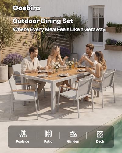 Outdoor Dining Table, Aluminum Patio Table Set, All Weather Patio Dining Furniture Set with Umbrella Hole for Backyard, Deck, Poolside (White-Teak) - Image 6