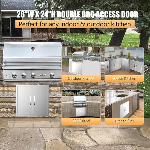 Outdoor Kitchen Doors 26W x 24H Inch, Double BBQ Access Doors 304 Stainless Steel for Outdoor Kitchen Cabinet Grill Station or BBQ Island - Image 3