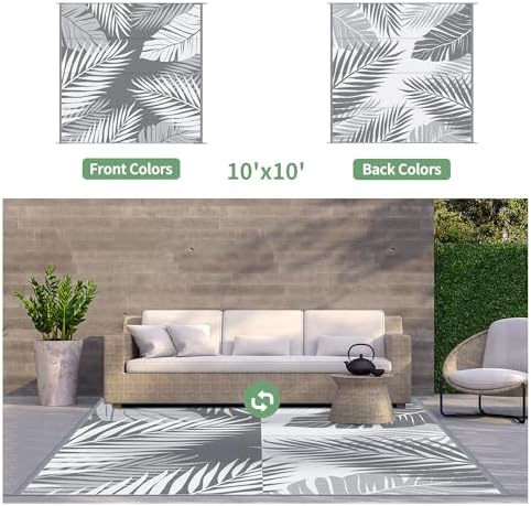 GENIMO Outdoor Rug, Waterproof Plastic Rugs for Patio, 10'x10' Grey White - Image 2