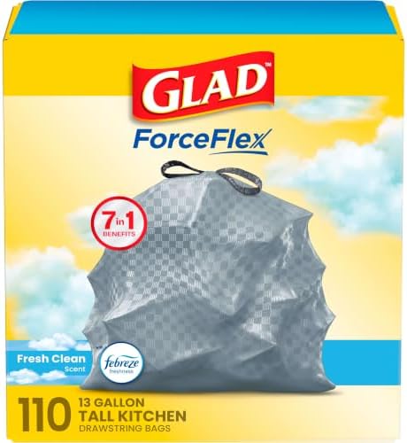 Glad Tall Kitchen Drawstring Trash Bags - Odorshield 13 Gallon White Trash Bag, Febreze Fresh Clean, 110 Count by GladTrashFoodStorage
